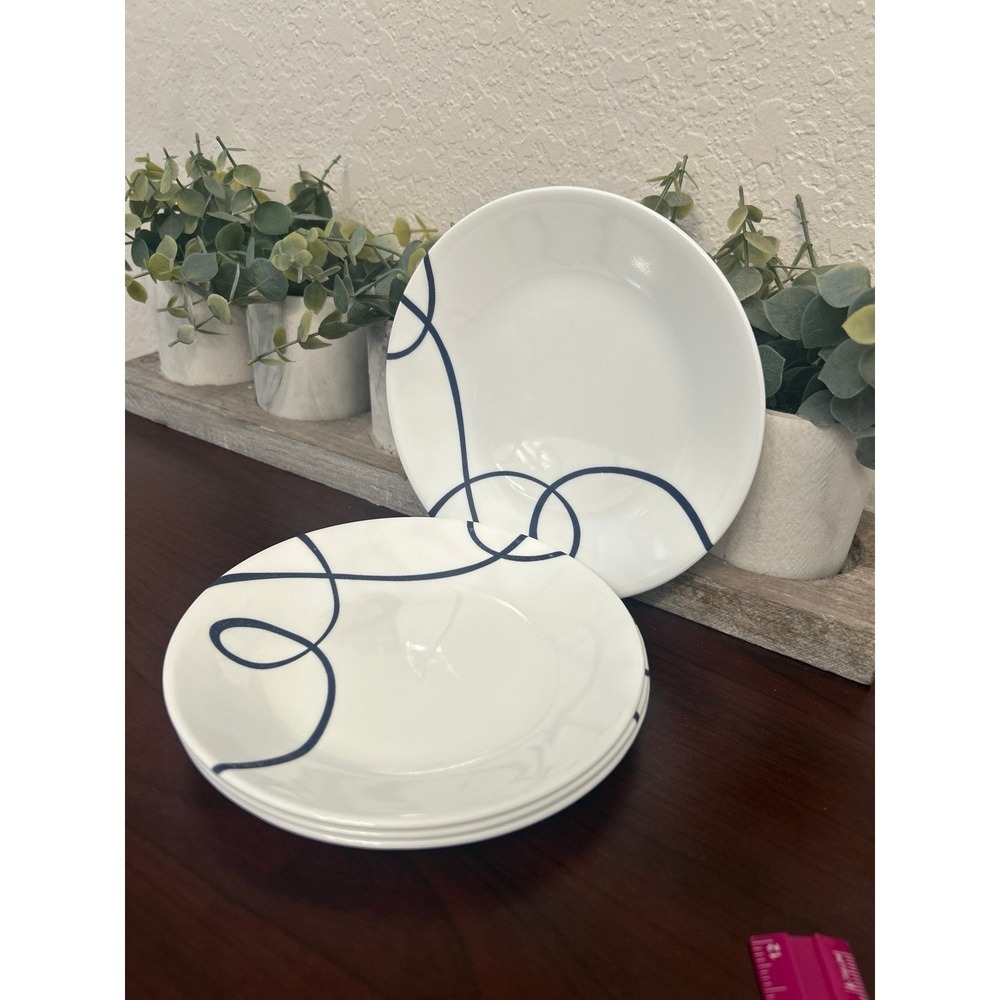 Corelle Lia Vitrelle appetizer plates white base with a blue swirl set of 4